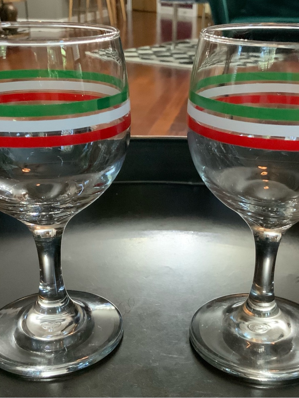 Set of Two Libbey Striped Stemmed Glasses - Red, Green, White Bands
